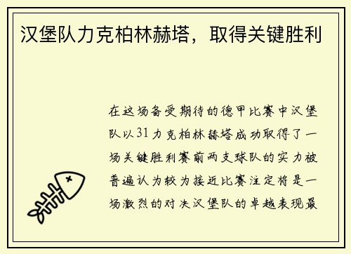 汉堡队力克柏林赫塔，取得关键胜利