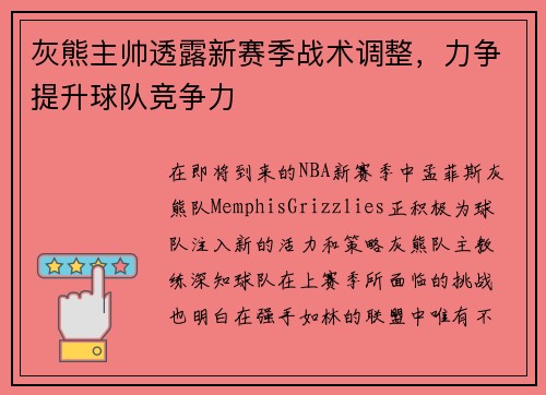 灰熊主帅透露新赛季战术调整，力争提升球队竞争力