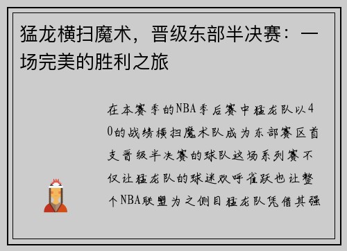 猛龙横扫魔术，晋级东部半决赛：一场完美的胜利之旅