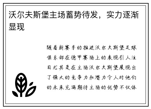 沃尔夫斯堡主场蓄势待发，实力逐渐显现