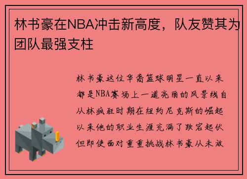 林书豪在NBA冲击新高度，队友赞其为团队最强支柱