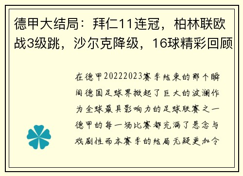 德甲大结局：拜仁11连冠，柏林联欧战3级跳，沙尔克降级，16球精彩回顾