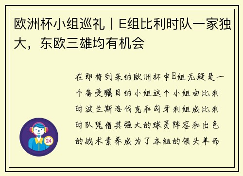 欧洲杯小组巡礼丨E组比利时队一家独大，东欧三雄均有机会