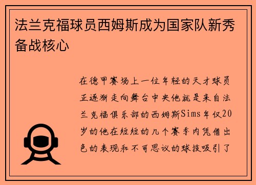 法兰克福球员西姆斯成为国家队新秀备战核心
