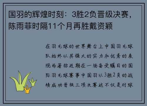 国羽的辉煌时刻：3胜2负晋级决赛，陈雨菲时隔11个月再胜戴资颖